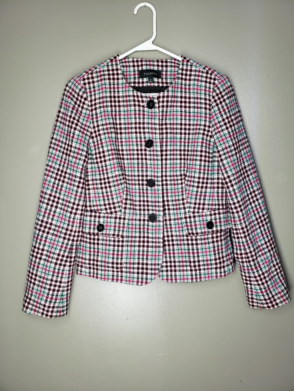 Talbots Womens Houndstooth Plaid Blazer Jacket Size 4 Button Wool Blend 2012